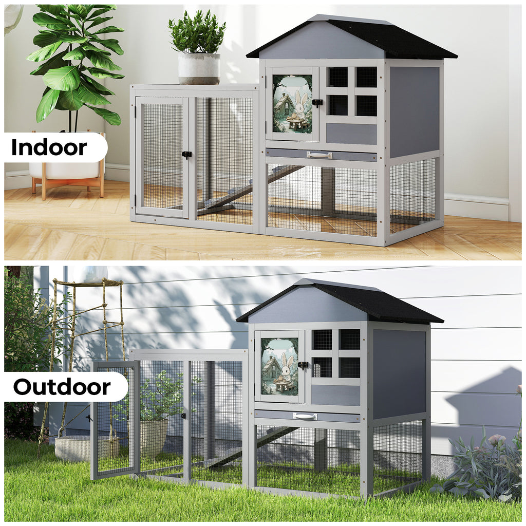 2-Tier Wood Rabbit Hutch, Indoor Outdoor Small Animal House with Removable Tray, Ramp, Openable Roof, Bunny Cage, Grey/Orange with Colorful Patterns