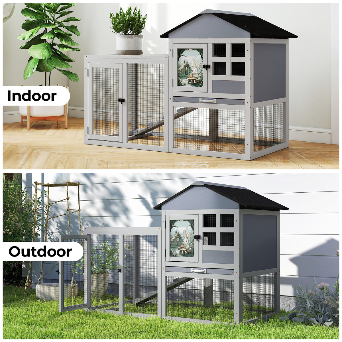 2-Tier Wood Rabbit Hutch, Indoor Outdoor Small Animal House with Removable Tray, Ramp, Openable Roof, Bunny Cage, Grey/Orange with Colorful Patterns