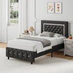 Halloween Twin Full Queen King Upholstered Bed Frame, Diamond Tufted Headboard, Faux Leather Bed Frame With Headboard & Footboard, Wooden Slats Support, No Box Spring Needed, Easy Assembly, Black/White/Pink/Green Christmas