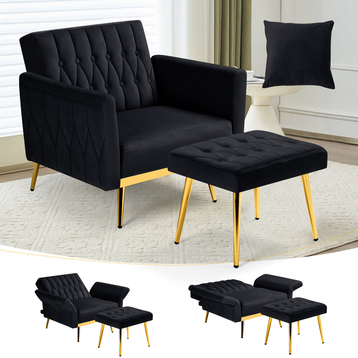 ACMEASE 31.5 Inch Velvet Adjustable Accent Chair with Ottoman & Pillow, Tufted Single Sofa Chair with Golden Metal Legs for Living Room