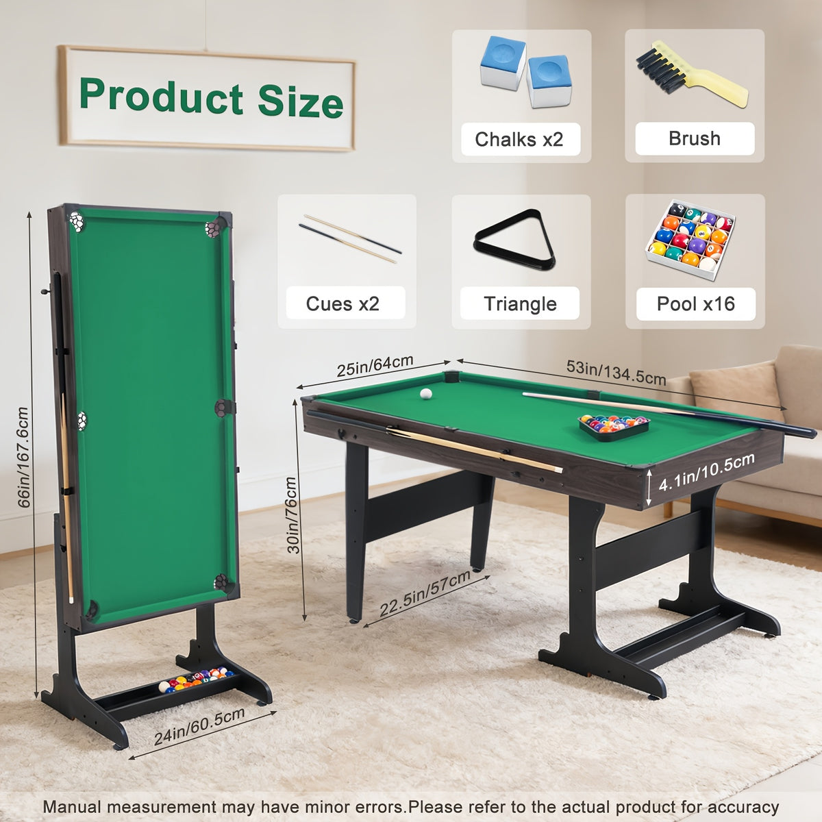 Standing Billiard Table, Foldable Pool Table, with Integrated Ball Box, Side Buckle for Cue Rack, Perfect for Gatherings, Parties, Game Rooms, Clubs And Offices