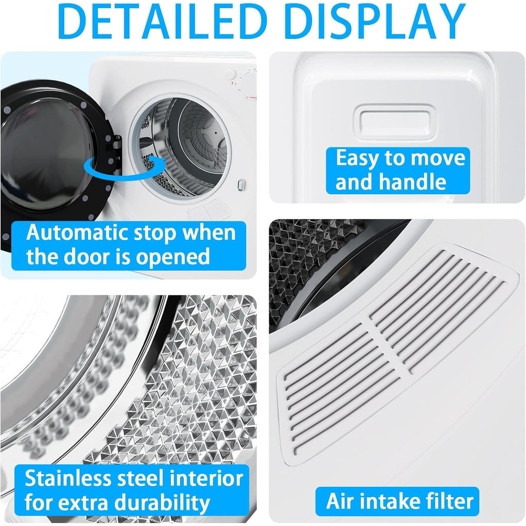 [Portable Compact Dryer] 2.6 Cu.Ft Portable Clothes Dryer, Compact Dryer With Stainless Steel Tub, 5 Modes Auto Stop & Easy Control Electric Dryers, Ideal For Laundry, Apartments, Dorms, RVs, White