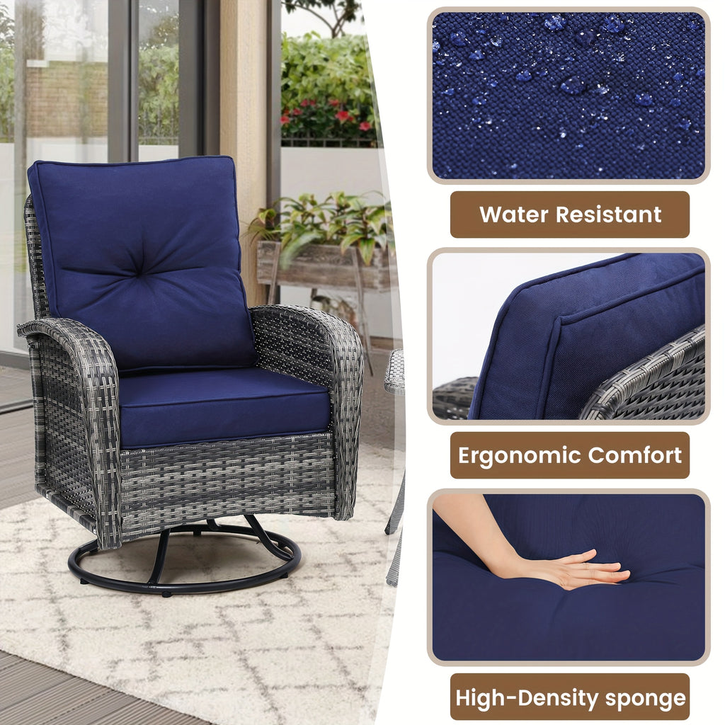 3pcs Patio Wicker Glider-Rocker Set, 360-Degree Swivel, Includes 2 Large Wicker Gliders And Matching Rattan Table, Thick Comfortable Washable Cushions, Perfect for Deck, Porch, Patio, As an Accent Chair Set