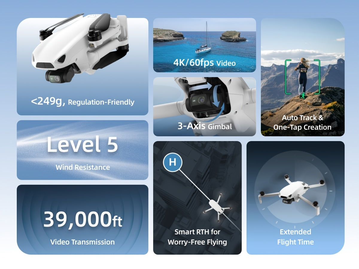 Skyrover S1 Mini Camera Drone with 4K/60Fps Video, 3-Axis Gimbal Stabilization, 39, 000Ft Video Transmission, 40-Minute Flight Time, Under 249G, Auto Tracking, Auto Return Home