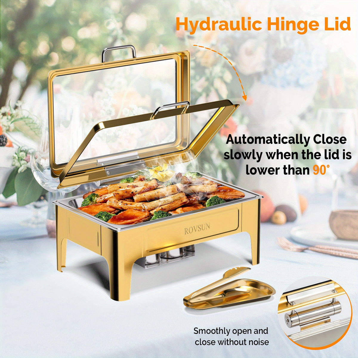 9QT square 304 stainless steel hot pot, hydraulic glass cover and food pot - golden buffet heater, suitable for catering, parties, events and home use only for cooking (1 pack))