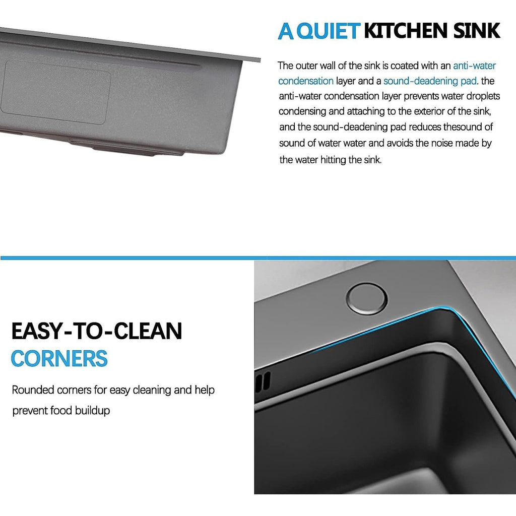 33x22 INCH Nano Black Flying Rain Drop In Stainless Steel Watefall Kitchen Sink Single Bowl with Pull Down Faucet Set Accessories Included