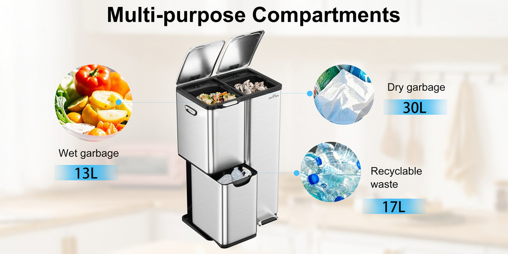 16 Gallon/60L Heavy-Duty Stainless Steel 3-Compartment Trash Can with Dual-Action Pedal & Hands-Free Operation, Odor-Proof Wet/Dry Separation System, Silent Close Lid, Removable Bins - Commercial/Residential Kitchen/Office Waste Disposal