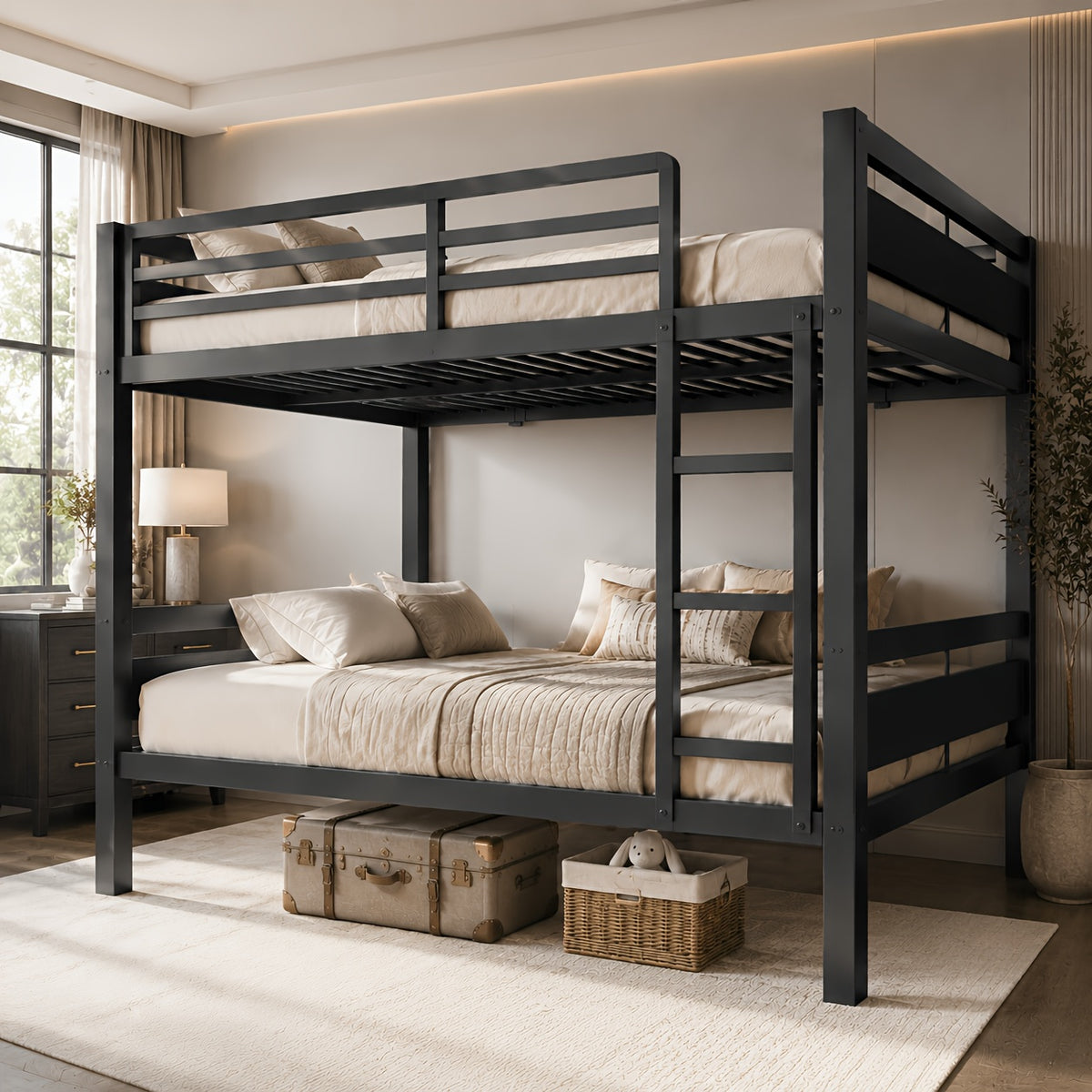 77.5"L Heavy Duty Metal Bed Frame, Twin Over Twin Or Full Over Twin Bunk Bed with Full Length Guardrails And Ladder, Black/Rustic Brown/White Options, Easy Assembly, Suitable for Shared Bedrooms, Bed Frame Without Mattress