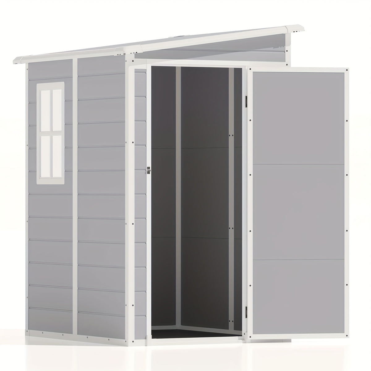 GUNJI 6X4 FT And 5X4 FT Plastic Outdoor Storage Shed with Floor, Resin Outside Tool Shed with a Window And Lockable Door for Garden, Backyard, Tool Storage Use, Easy to Install, Light Gray (Fit-It Shed)