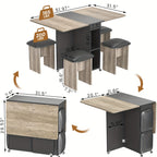 Folding Dining Table Set for 4, Kitchen Table with 4 Faux Leather Chairs And Shelves, Space Saving Wood Rectangle Foldable Kitchen & Dining Room Tables for Small Space with 6 Wheels