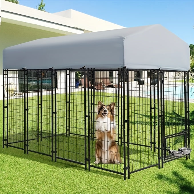 8x4x6 FT Outdoor Dog Kennel With Roof, Heavy Duty Dog Cage For Large Dogs, Outside Dog Enclosure With 2 Rotating Dog Bowls, Welded Wire Steel Dog Run Playpen Fence With Secure Lock