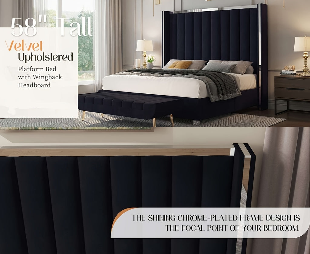 LUXOAK Velvet Upholstered Platform Bed with 58" Tall Channel Tufted Wingback Headboard, Plating Trim & No Box Spring Needed