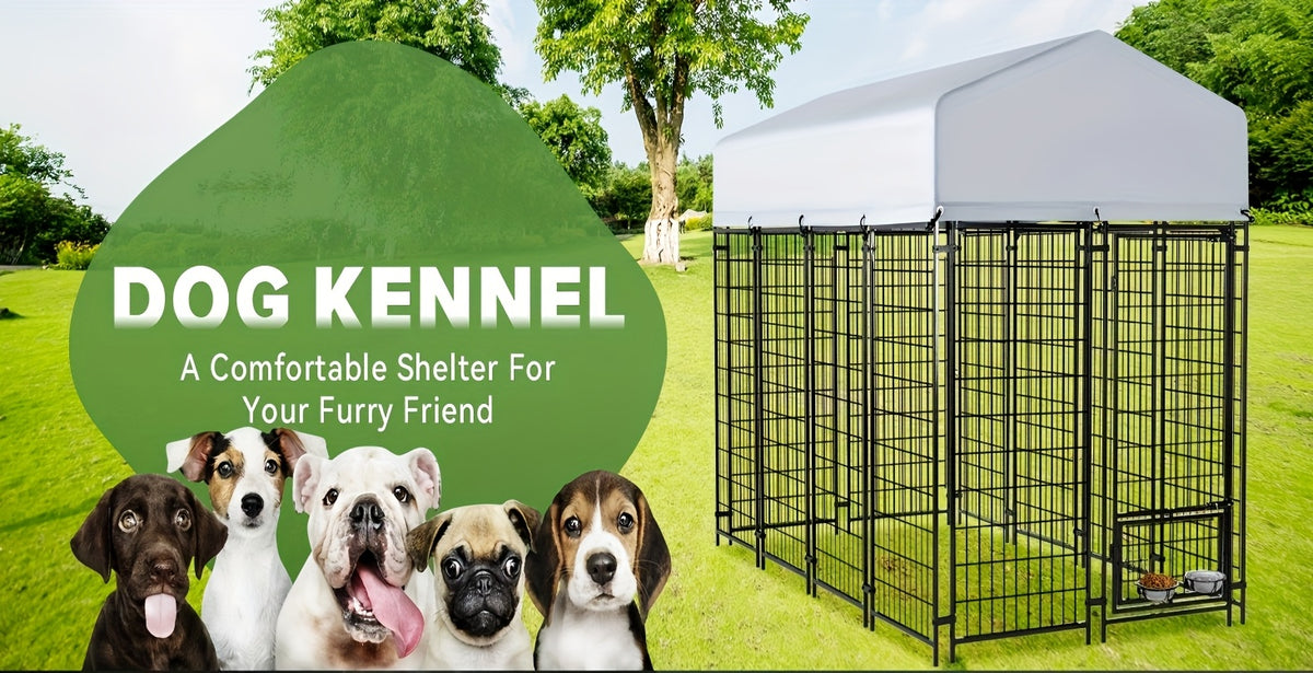 Heavy Duty Outdoor Dog Kennel for Large Dogs - Welded Steel Wire Playpen with Secure Lock, Waterproof Roof Cover & 2 Rotating Bowls, Easy to Assemble, Perfect for Small/Medium/Large Dogs
