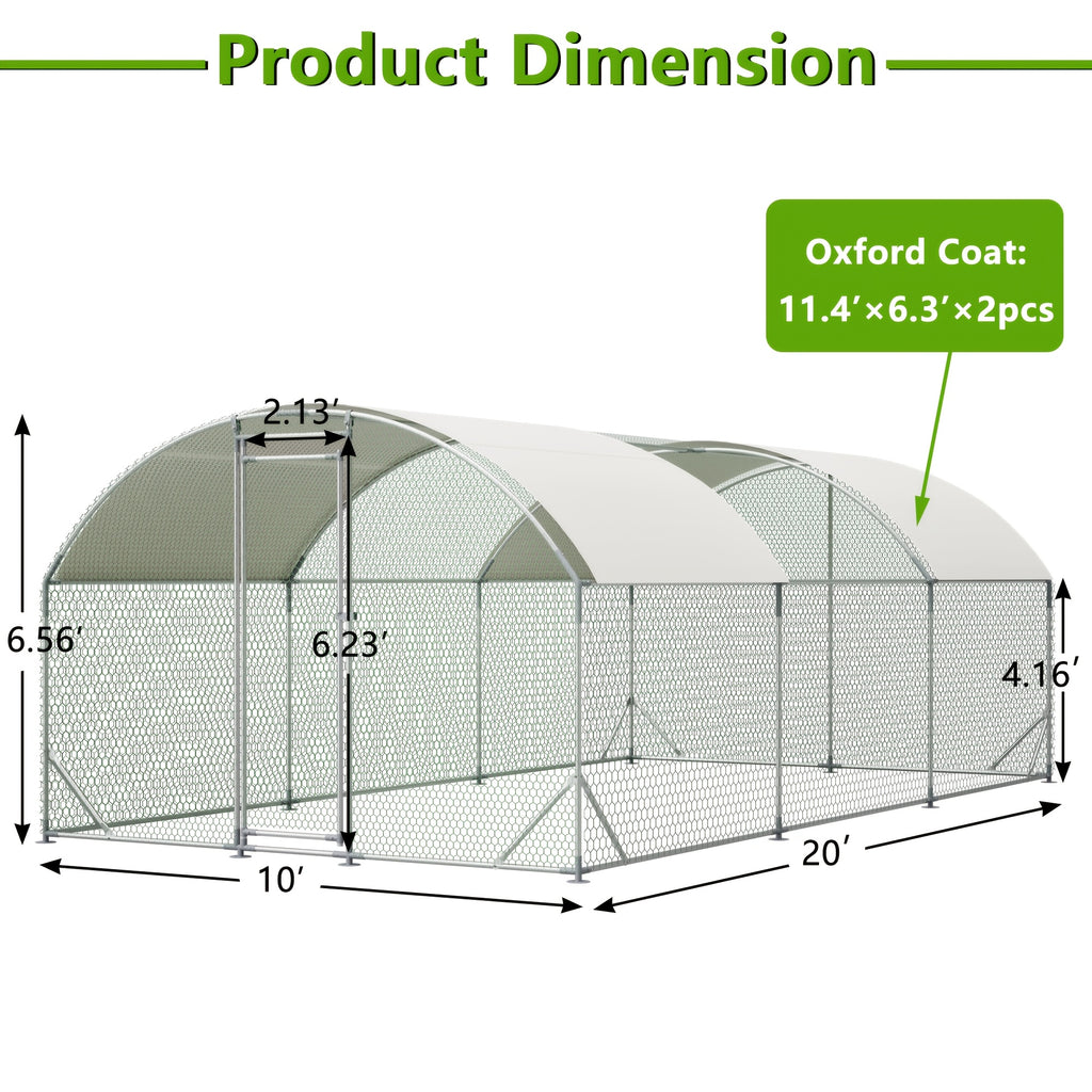Large Metal Chicken Coop, Walk-in Chicken Run, Galvanized Wire Poultry Chicken Hen Pen Cage, Rabbits Duck Cages With Waterproof And Anti-Ultraviolet Cover For Outside(10' L X 20' W X 6.56' H), Without Battery