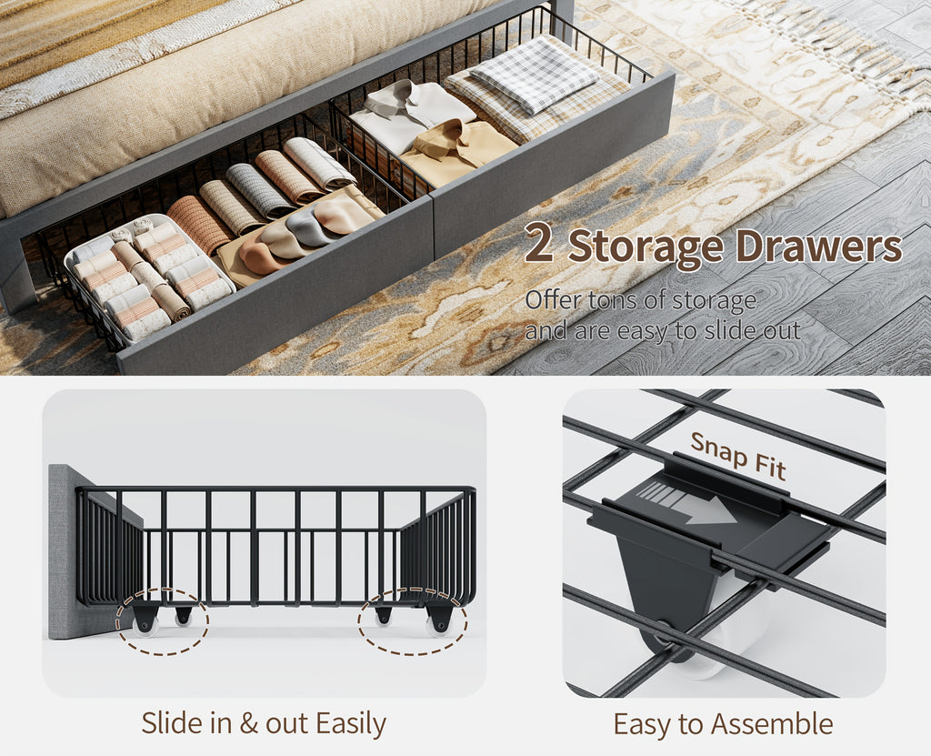 MRAEER Furniture Offers a Tri-Color Upholstered Bed Frame Available in Full, Queen, And King Sizes, Featuring Four Drawers And a Charging Station. Mattress Not Included, Operates Silently, And Does Not Require a Box Spring