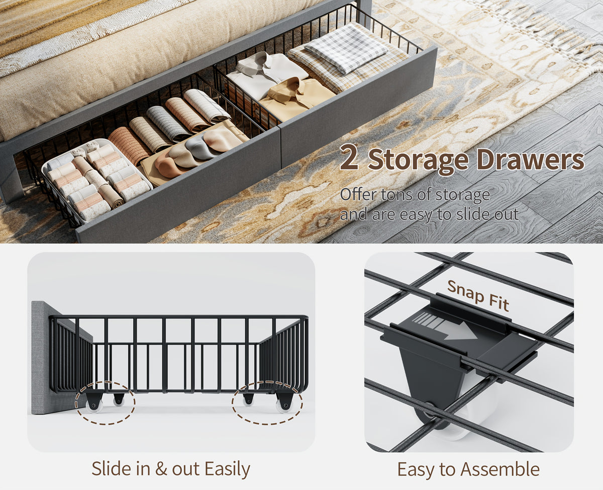 MRAEER Furniture Offers a Tri-Color Upholstered Bed Frame Available in Full, Queen, And King Sizes, Featuring Four Drawers And a Charging Station. Mattress Not Included, Operates Silently, And Does Not Require a Box Spring