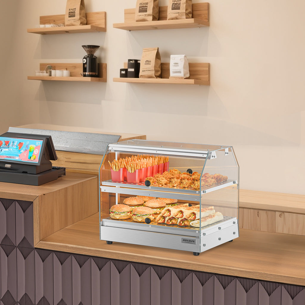 2-Tier Food Warmer Pizza Warmer Countertop, Food Warmer Display Pretzel Warmer with LED Lighting Front and Rear Doors, Electric Catering Hot Box Acrylic for Buffet Restaurant Cafe