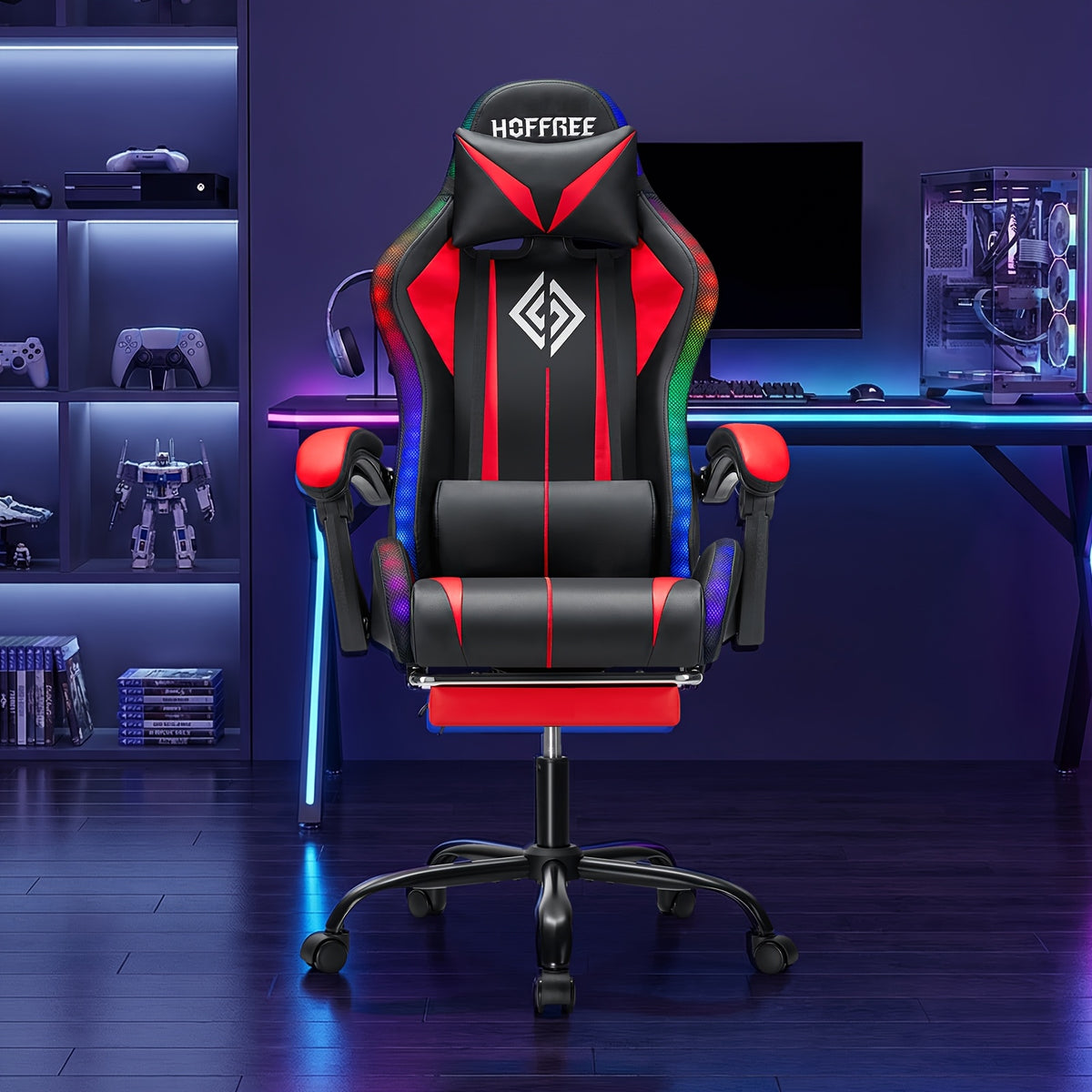 RGB Gaming Chair with LED Lights And Massage Ergonomic Computer Chair High Back Video Game Chair with Footrest And Adjustable Lumbar Support Linkage Armrest