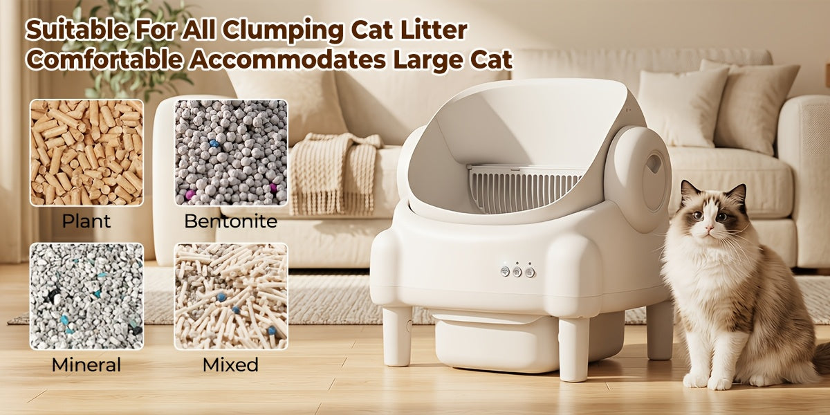 ECORUI Self Cleaning Litter Box, Automatic with App Control for Multiple Cats, Safety Sensors, Odor Control, Large Waste Bin, Includes 2 Liners, Cream White, Certified Refurbished