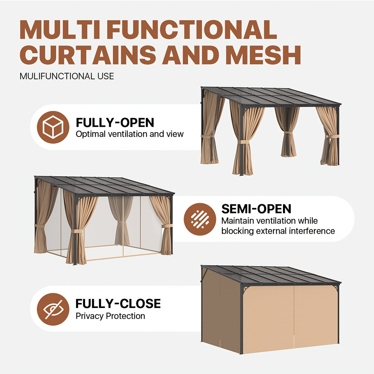 8x10/14x10/12x10/16x10/20x10ft Gazebo, Wall-Mounted Pergola with Drapes, Patio Gazebo Compact Sturdy Hardtop for Gardens Yards Backyard Deck Outdoor(Brown)