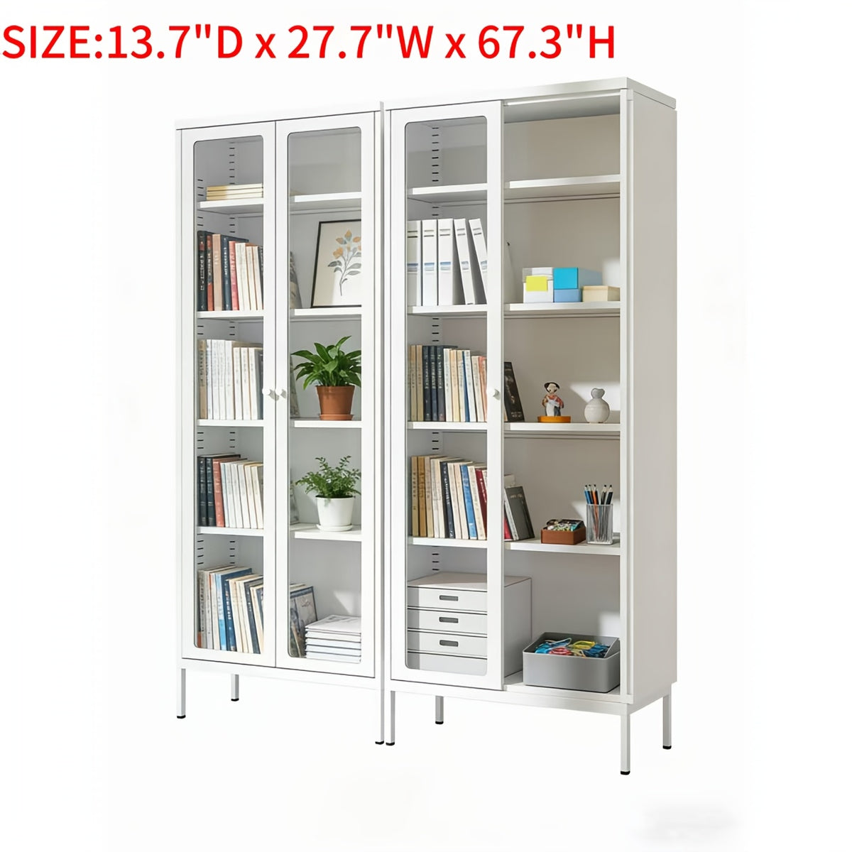 67 Inch Metal Storage Cabinet, Tall Curio Display Glass Cabinet Bookcase with 2 Glass Doors And 4 Shelves, Modern Floor Utility Locker for Office Living Room Bathroom Home Entryway