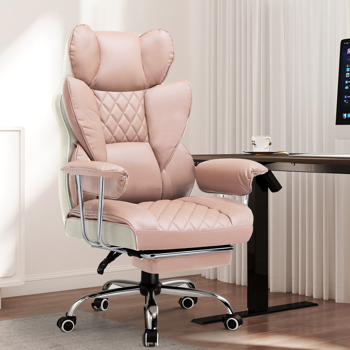 Executive Office Chair for Heavy People, Gaming Chair, Ergonomic Wide Desk Computer Chair with Pocket Spring Lumbar Support, Footrest, Outward Fixed Soft Armrests, High Back PU Leather, Height Adjustable, Big and Tall