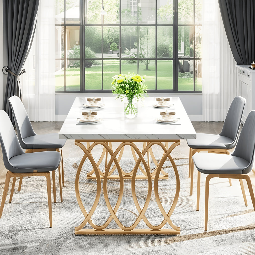 Modern Dining Table for 4-6 People, 63" Large Kitchen Table, Unique Rectangular Dinner Table, Dining Room Furniture with Faux Marble Tabletop And Geometric Legs