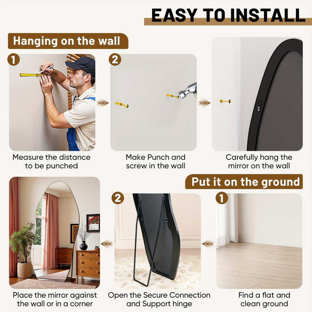Furnbar Full Length Mirror, 81"X41" Floor Mirror with Stand, Standing Hanging Leaning Irregular Mirrors for Bedroom Living Room Entryway, Wavy Shaped