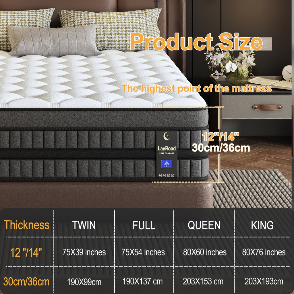 12in/14inch Twin, Full, Queen, King, Mattress Memony Foam And Spring, Medium Firm Mattress For Cooling, Pressure Relief, Edge Support & Motion Isolation Boxed