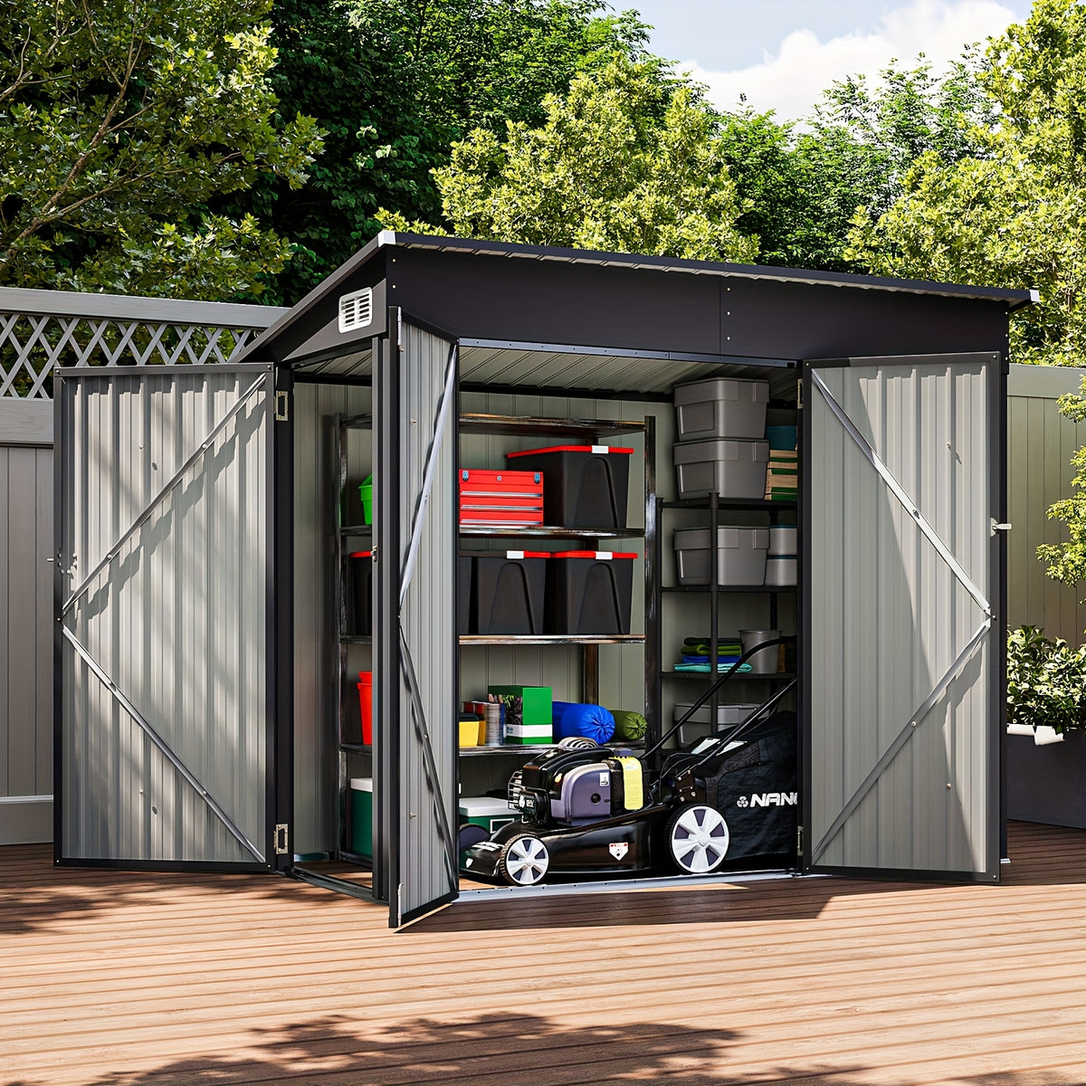 Nordivale 8 X 4/10X8/12X8 FT Outdoor Storage Shed with Sturdy Metal Frame - Lockable Triple Door Tool Sheds, Heavy Duty Storage Building for Bicycles, Lawn Tools Suitable All-Weather, Waterproof Garden Metal Trash Storage Sheds for Patio, Backyard