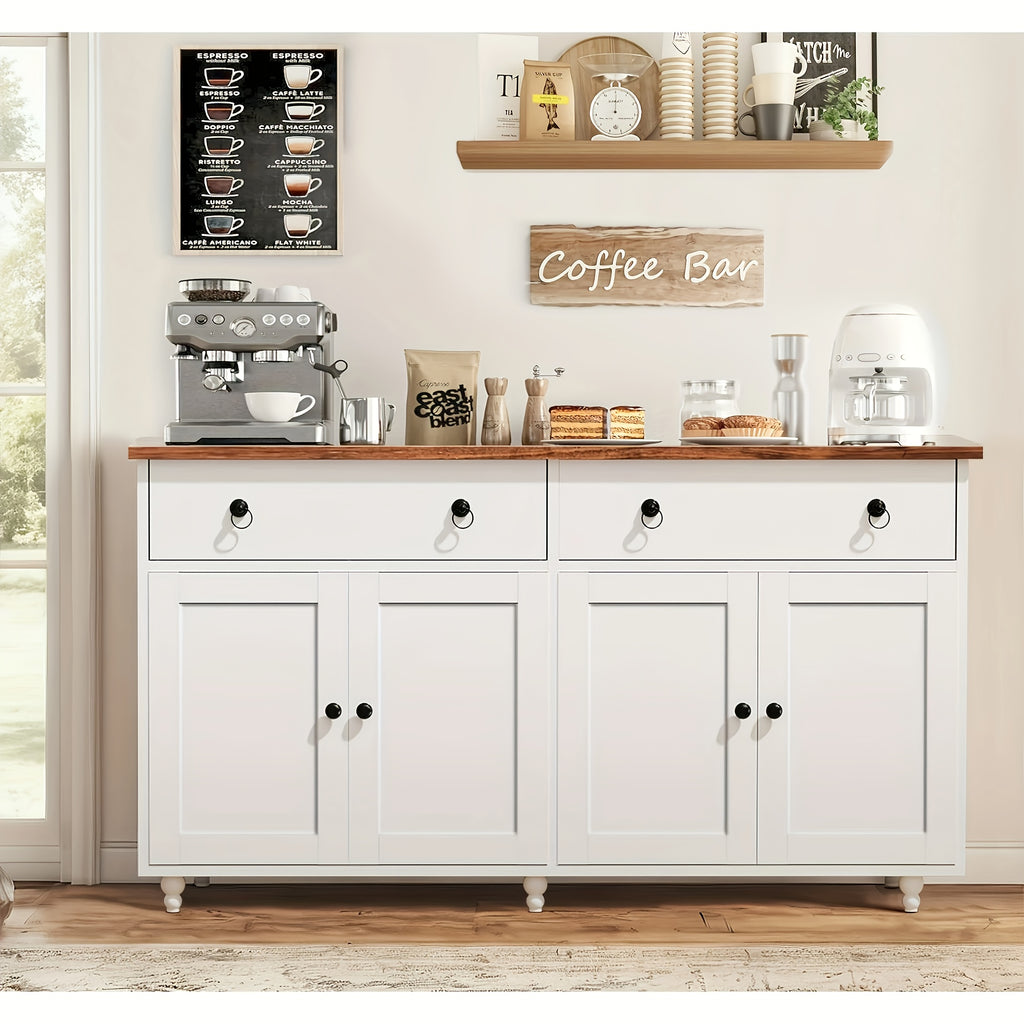 55-Inch Sideboard Buffet Unit, Mid-Century Kitchen Storage Cabinet Featuring 2 Drawers And 4 Doors, Coffee Bar Storage Cabinet