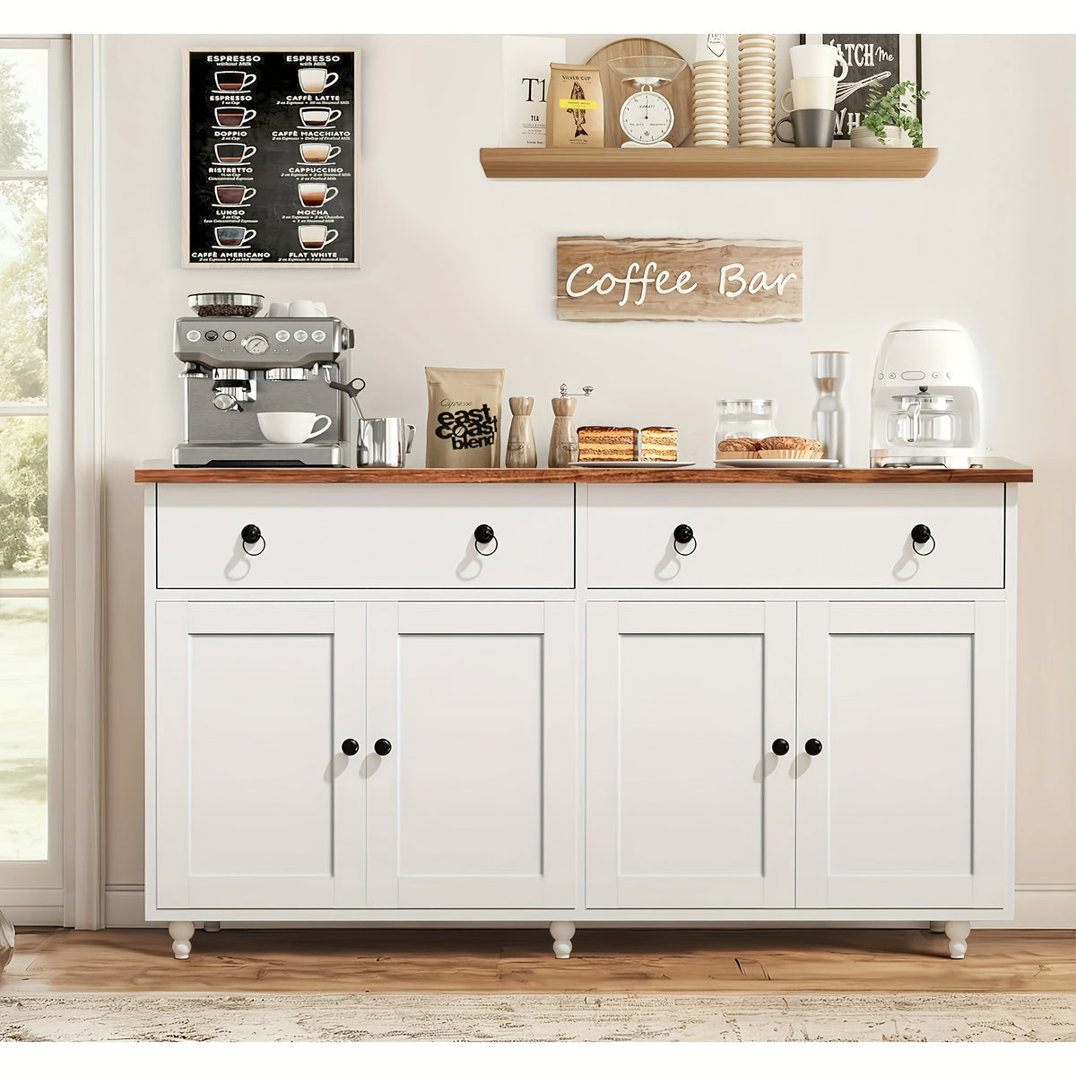 55-Inch Sideboard Buffet Unit, Mid-Century Kitchen Storage Cabinet Featuring 2 Drawers And 4 Doors, Coffee Bar Storage Cabinet