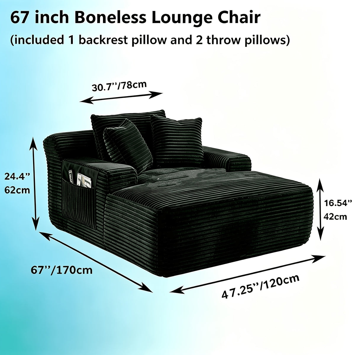 67" Chaise Lounge Chair Indoor, Oversized Boneless Lounge Chair With 3 Pillows, Flannel Cloud Reading Chair For Living Room Bedroom, Deep Seat Sleeper Couch, No Assembly Required