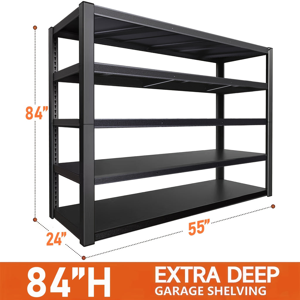 Garage Shelving Heavy Duty, 5-Tier Industrial Shelving Unit with Hooks, Adjustable Storage Shelves for Garage, Basement, Warehouse, Utility Shelves