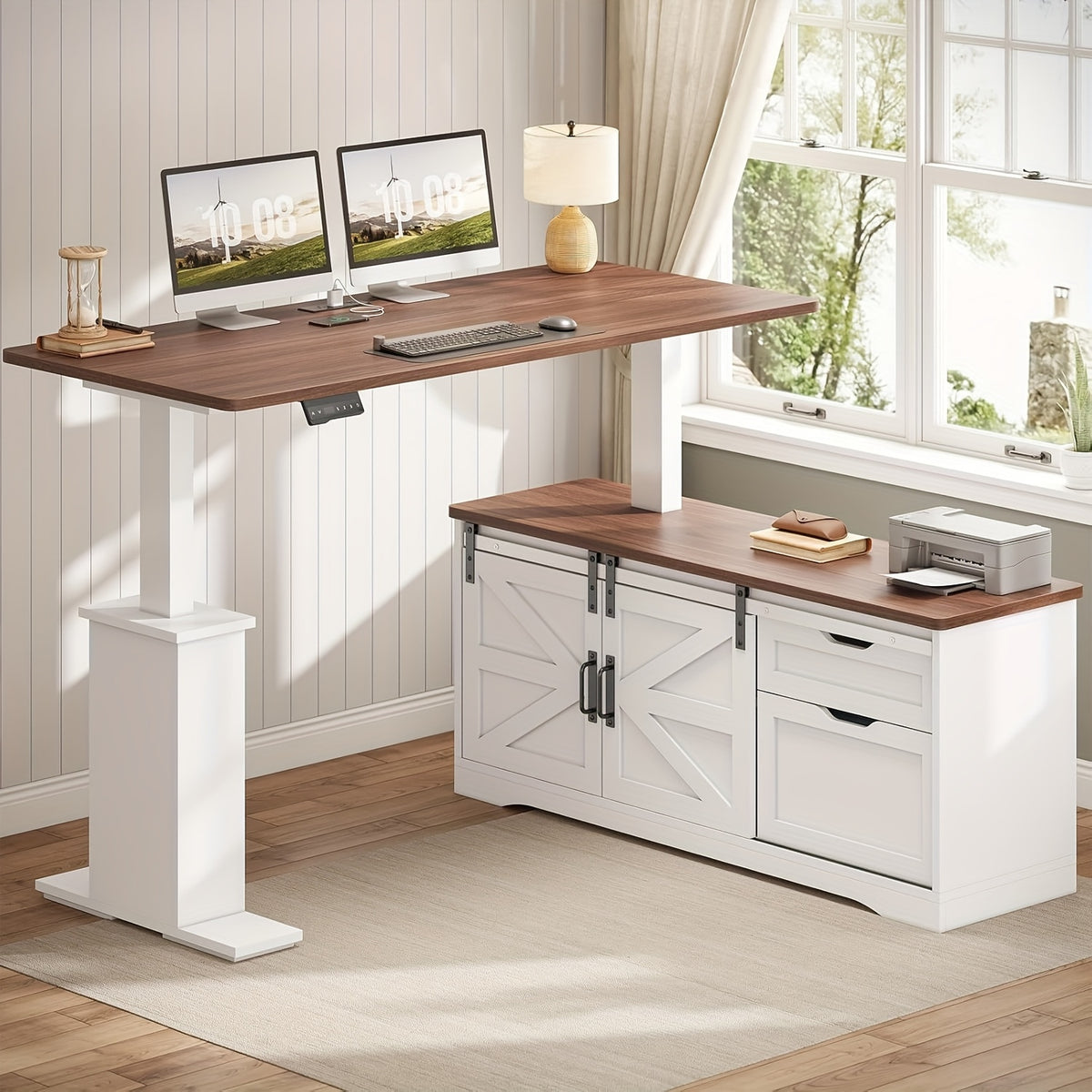 Farmhouse L Shaped Standing Desk with Storage Drawers, 55" Height Adjustable Corner Office Desk for Home Office, Standing Computer Desk