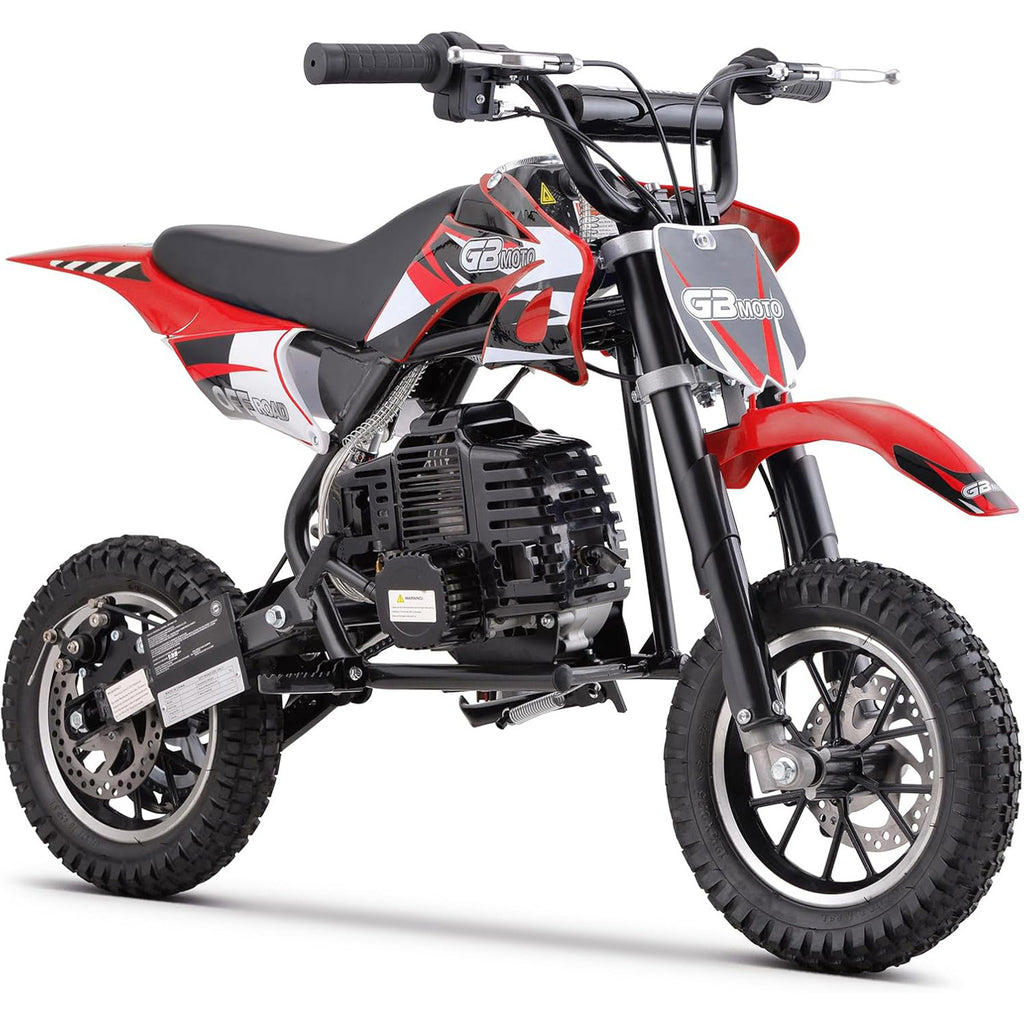Mini off-road bike, 41CC four stroke gasoline bike (model: DB001), equipped with off-road tires, suspension, disc brakes, maximum load of 160Lbs, top speed of 18Mph, gloves and face cloth included