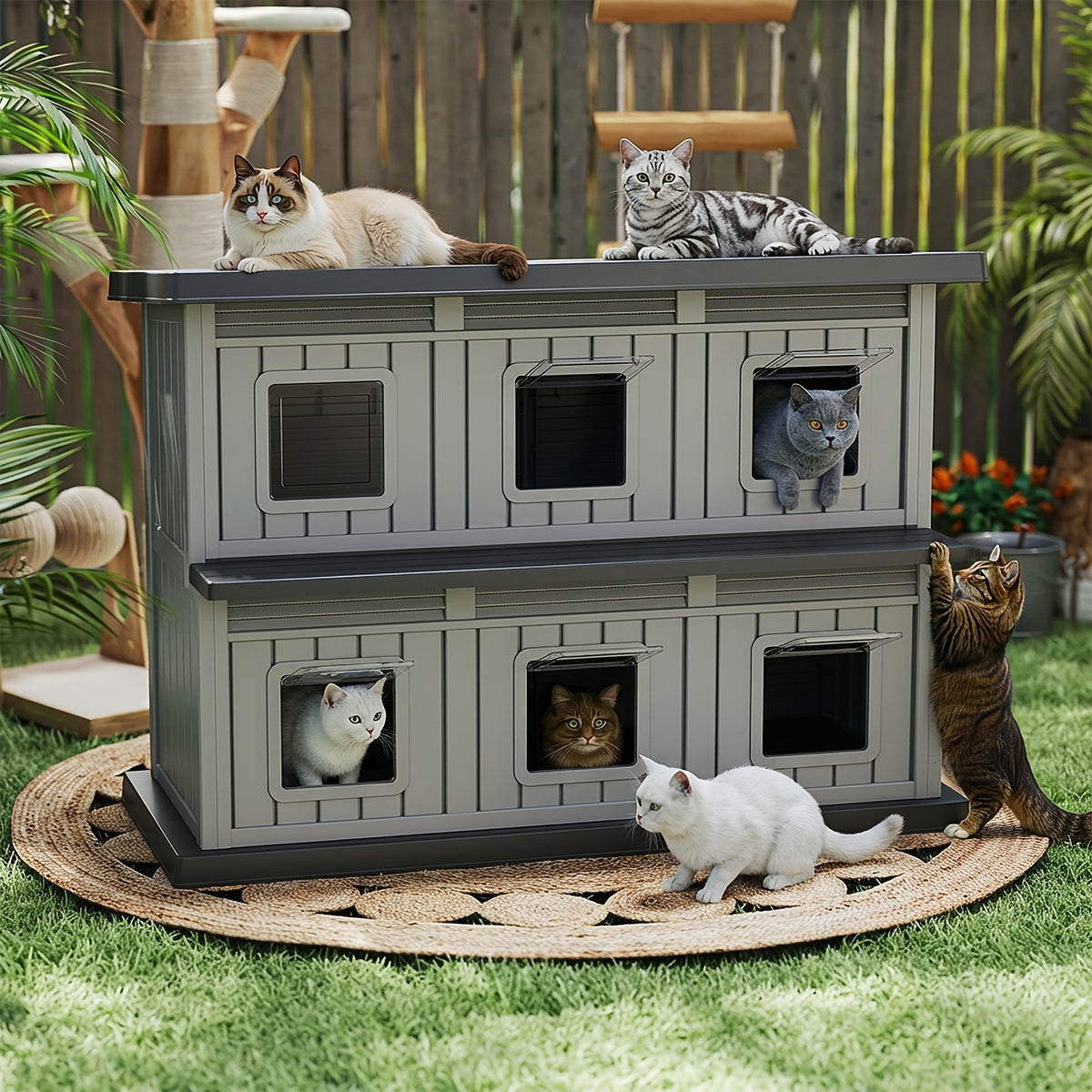 Double - Layer Stray Cat Apartment- with Two Floors And Multiple Small Windows, Large Space And Good Ventilation. for Stray Cats. Solid Structure, Gray - Black Color, Cozy Shelter for Stray Cats to Rest And Safe. Double Layer Cat House.