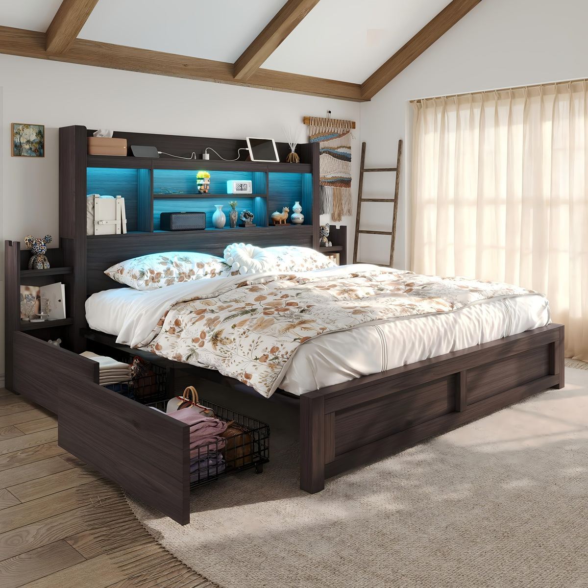 Farmhouse Wooden Bed Frame with 4 Storage Drawers, LED Bed Frame with 49" Tall Bookcase Headboard, Wood Platform Bed with Charging Station And 2 Slide Bedside Shelves