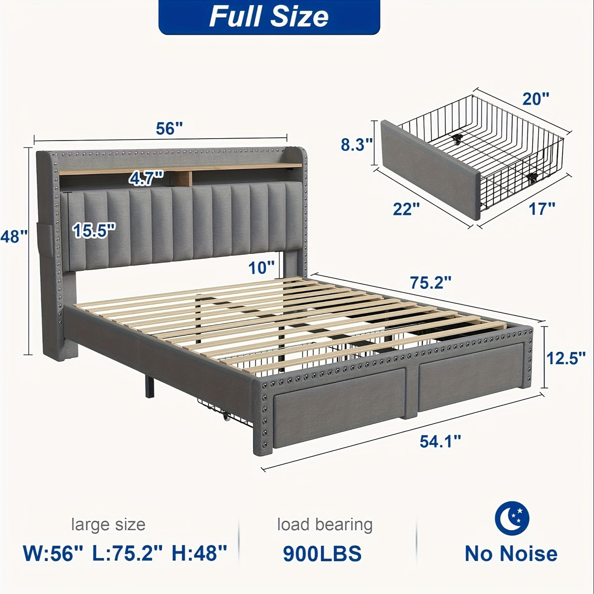 King Size Upholstered Bed Frame with Storage, 2-Tier Headboard And 2 Drawers, Sturdy Wood Slats, No Box Spring Needed, Noise-Free, Modern Grey/Beige, Easy Assembly, Space Saving