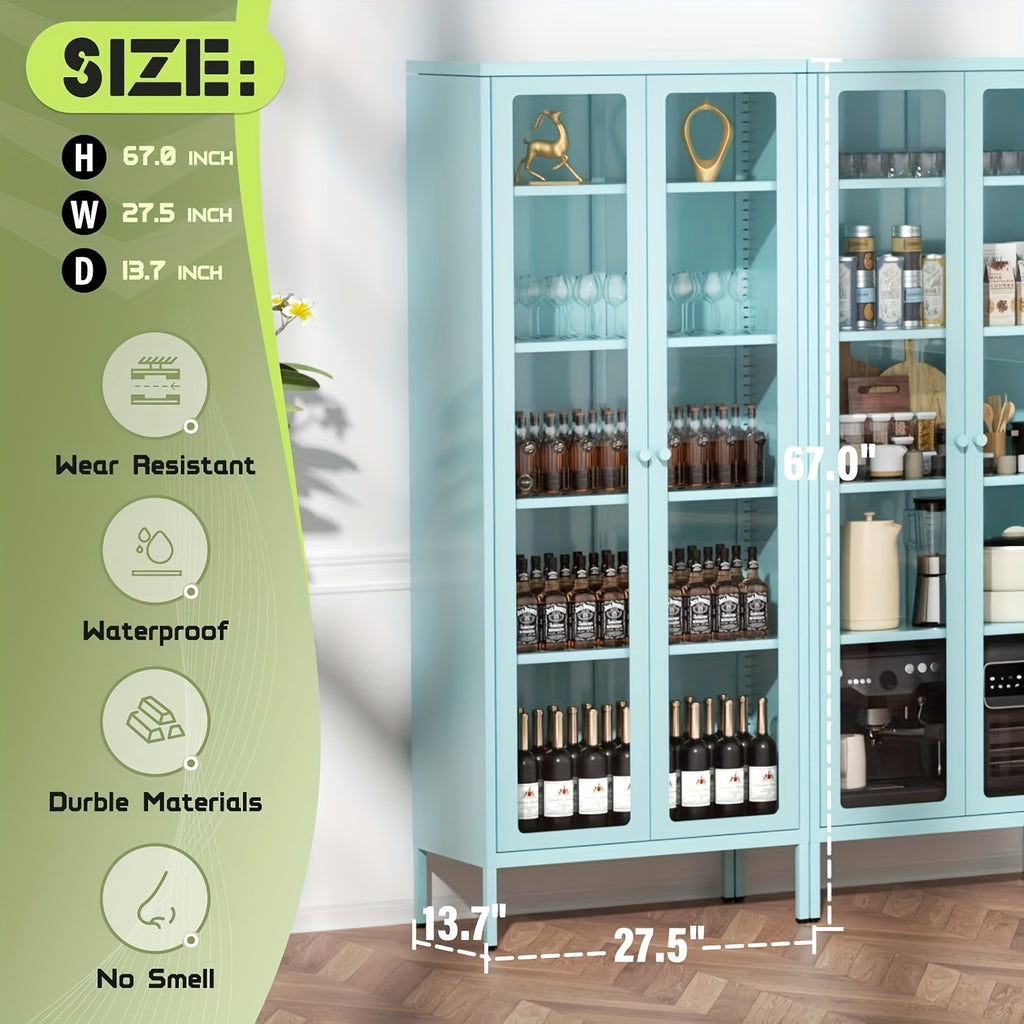 Metal Glass Display Cabinet With Five-Tier Storage Shelves Tall Glass-Door Display Cabinet Steel Storage Cabinet Display Unit Ideal For Home Offices And Living Rooms (Blue/Pink/White/Black)