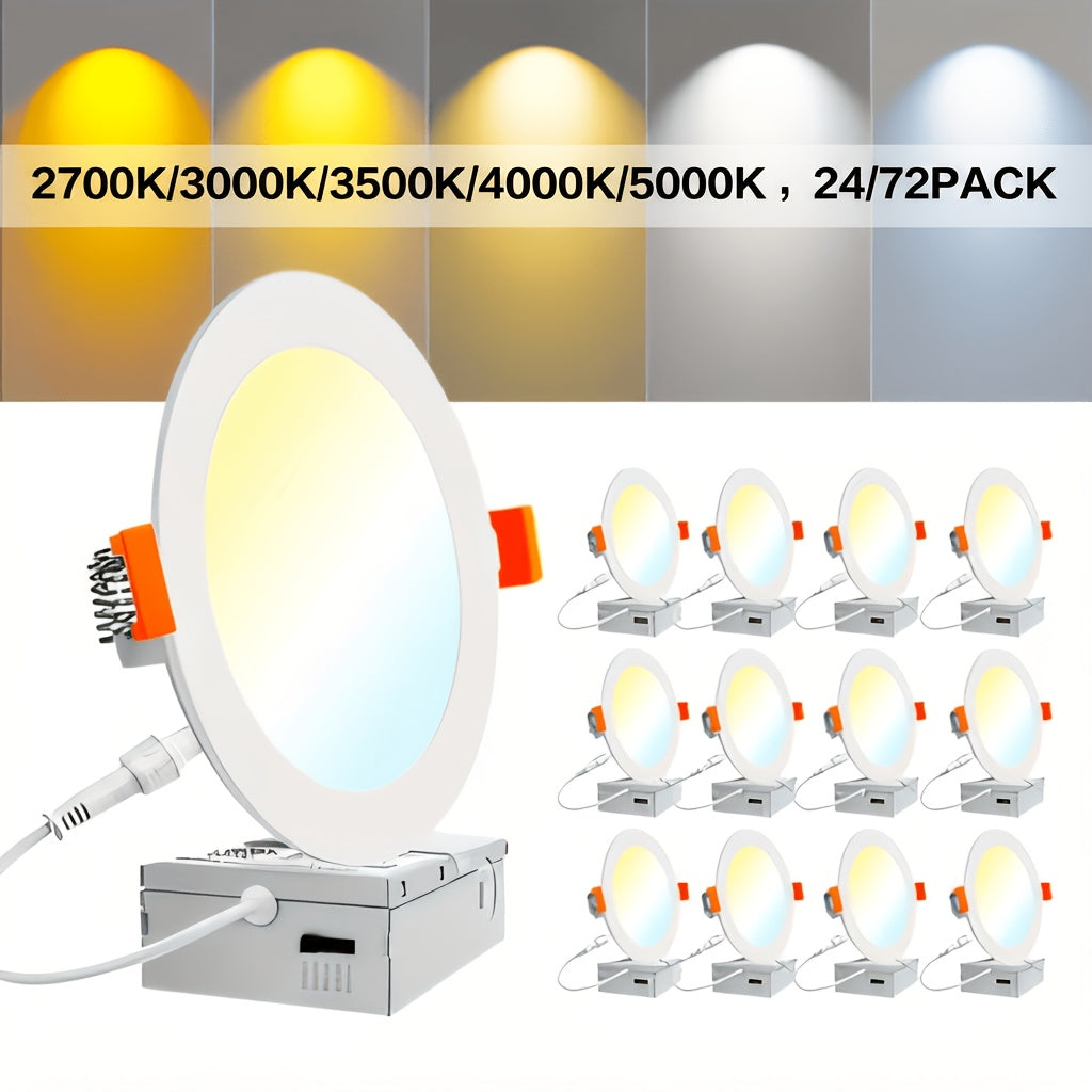 24/72-Pack 6-Inch 5CCT Ultra-Thin LED Recessed Ceiling Light with Junction Box, 2700K/ 3000K/ 3500K/ 4000K/ 5000K Optional, 1050LM Brightness, Dimmable Slotless Wafer Downlight, 12W Is Equivalent to 110W And Is Suitable for Ceiling Lighting