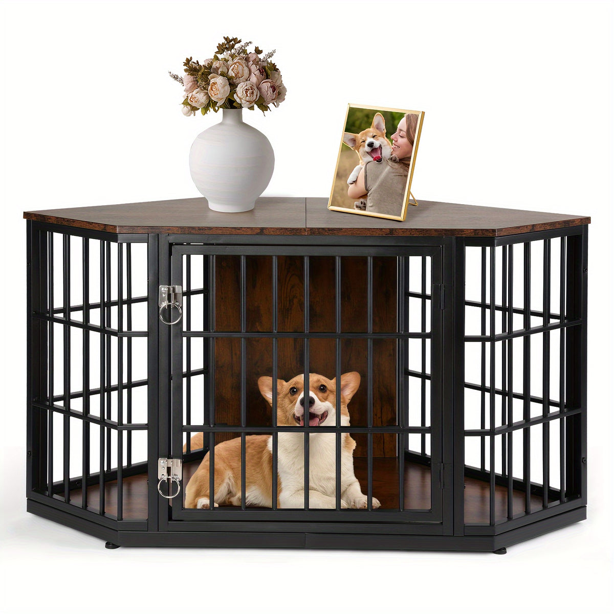 47"/52" Heavy Duty Corner Dog Crate Furniture - Rustic Brown Wooden Dog Cage with Double Sturdy Locks, Space-Saving Indoor Kennel & Side Table for Medium Dogs, Multi-Functional Pet House with Cushioned Floor & Decorative Top