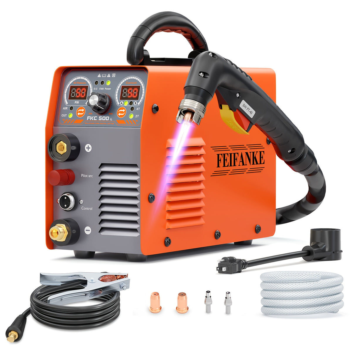 FEIFANKE 50A Plasma Cutter, 110V/220V, Non-Touch Pilot Arc, Non-High Frequency Blow-Back Start, 20mm Max Cut, Air Sensor, Digital Display, PT/2T/4T, Overheat Protection for Automotive Repair, Metal Fabrication, DIY