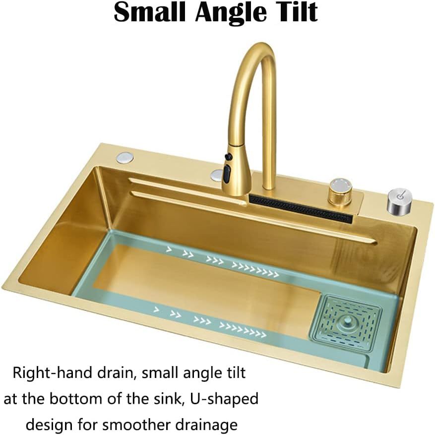 33x22 INCH Gold Flying Rain Drop In Stainless Steel Watefall Kitchen Sink Single Bowl with Pull Down Faucet Set