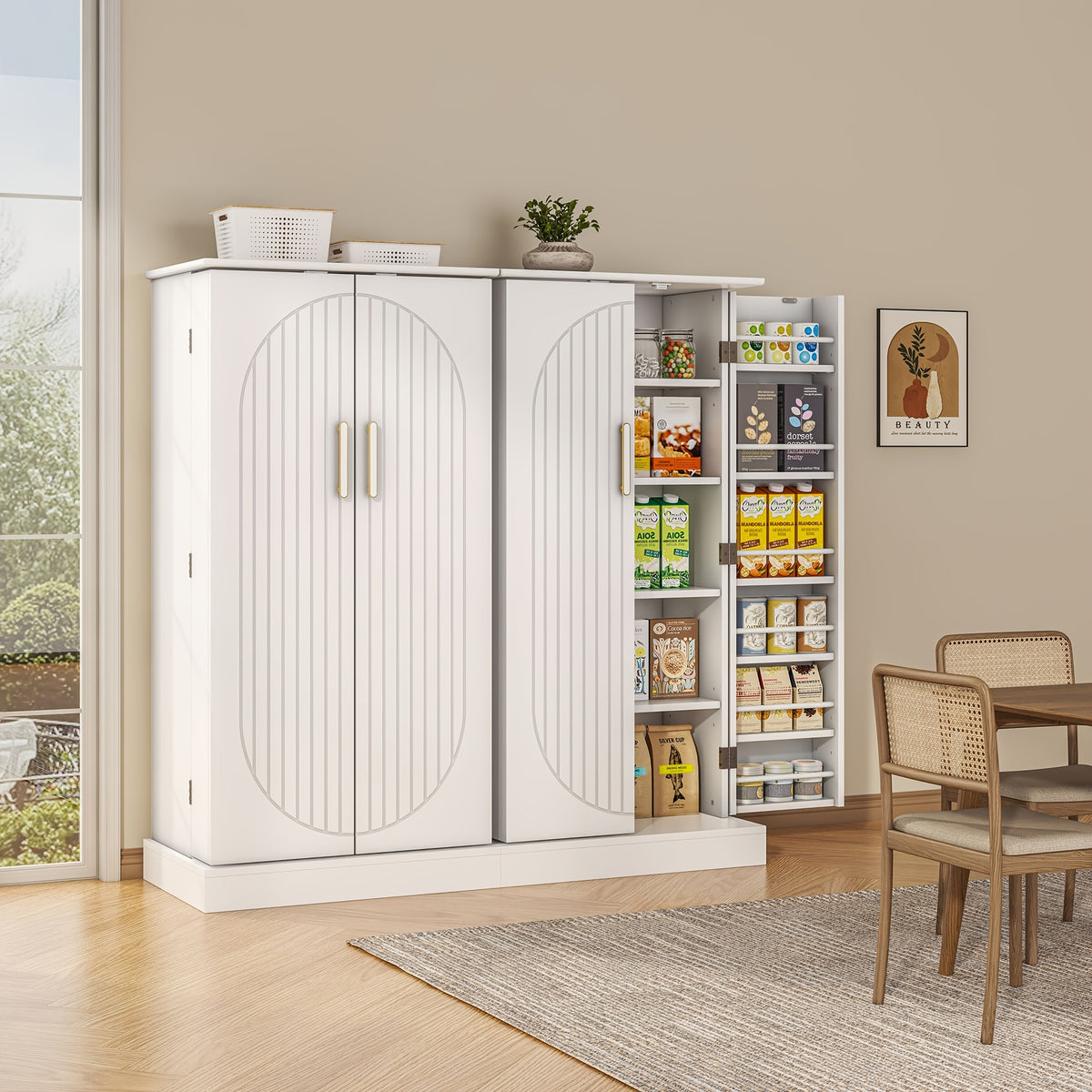 47" Freestanding Storage Cabinet with Adjustable Shelves, Multi-Sport Ball Storage with Large Drawer, Versatile Modern Cabinet for Dining Room, Bathroom, Living Room, Laundry, Sports Equipment Organizer, Basketball, Golf Balls Storage Box