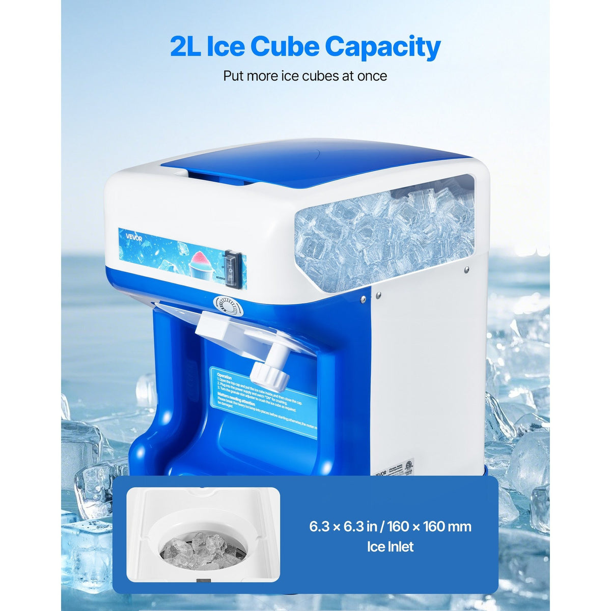 VEVOR Commercial Ice Shaver 286LBS/H Electric Snow Cone Maker Ice Crusher Blue