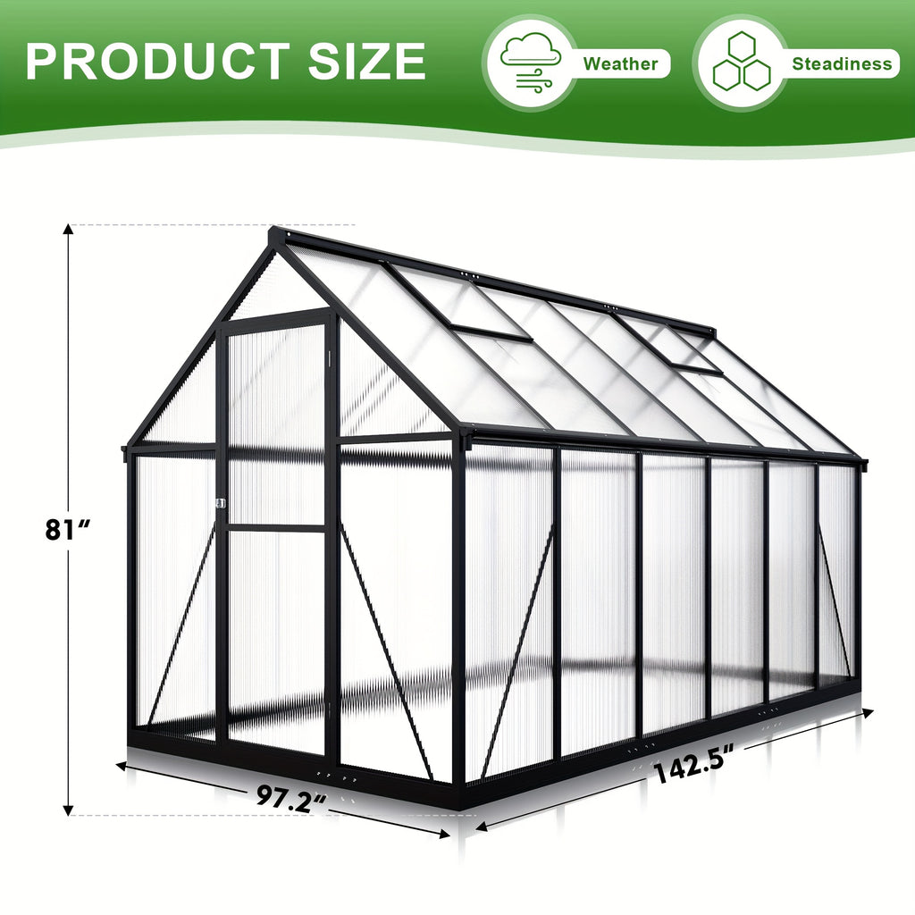 Spacious Outdoor Polycarbonate Garden House - Walk-in Design with Strong Aluminum Frame, Quick Setup, Roof Ventilation, and All-Year Round Protection - Ideal for Backyard Gardening and Greenhouse Use to Help Plants Flourish in Every Season