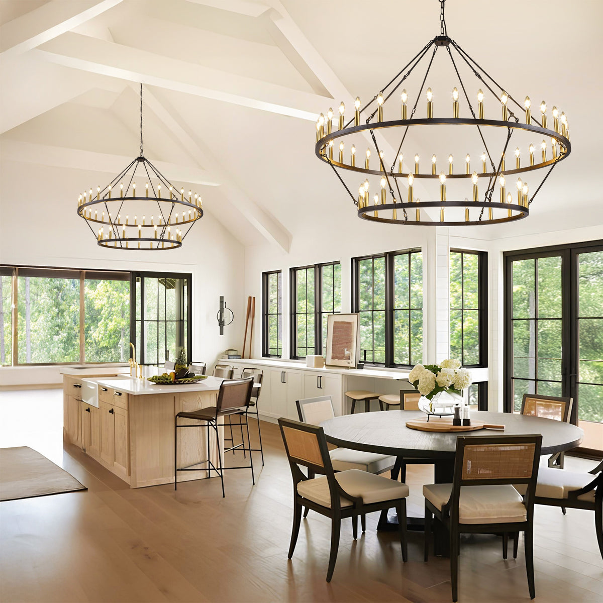 [Modern Farmhouse Chandelier] Modern Farmhouse Chandelier 2 Tier Round Wheel Chandelier Large High Ceiling Light