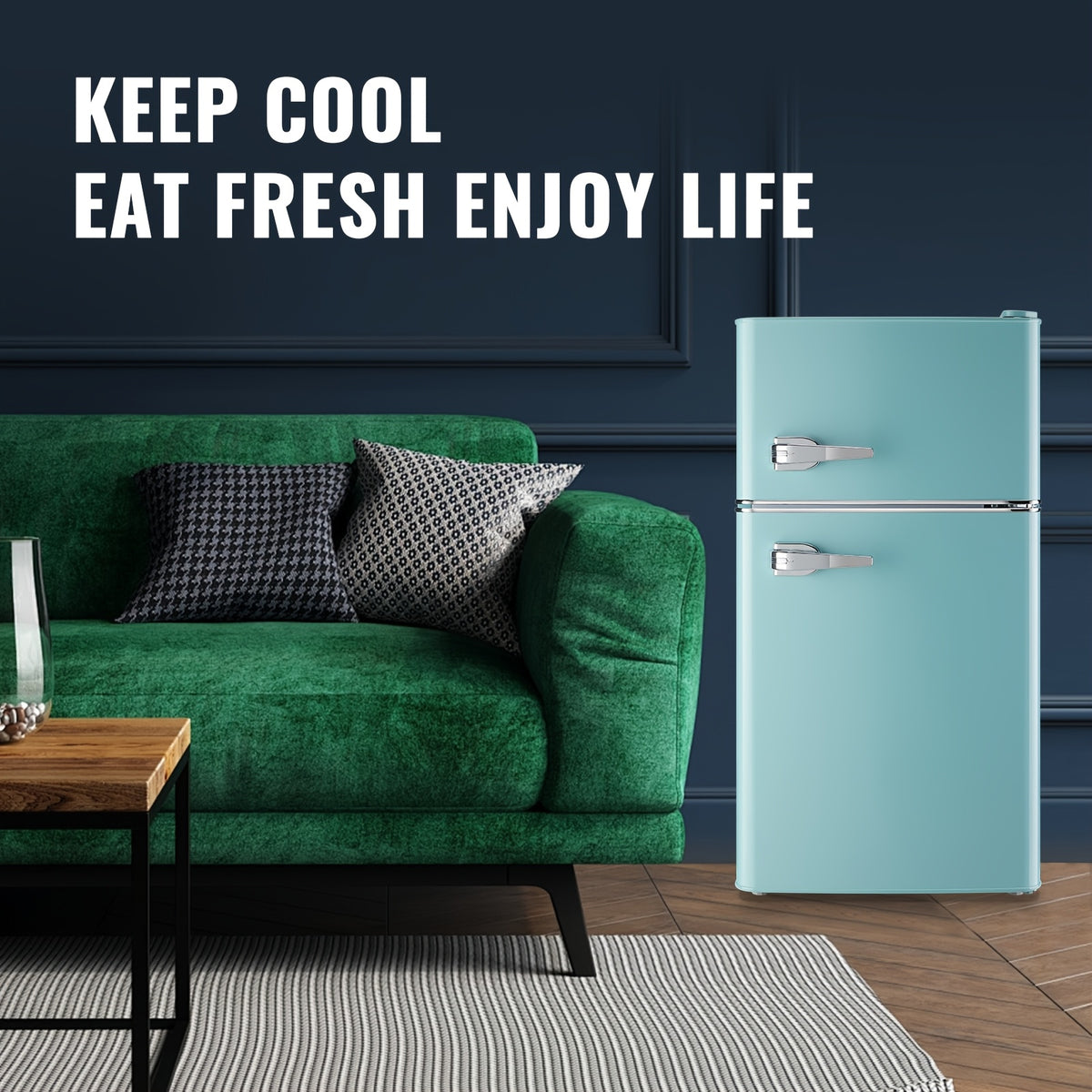 3.8 Cu.Ft Small Refrigerator With Freezer Retro Mini Fridge Two Doors For Home Dorm College Office Freestanding Blue Refrigerator With LED Lights And Glass Shelves