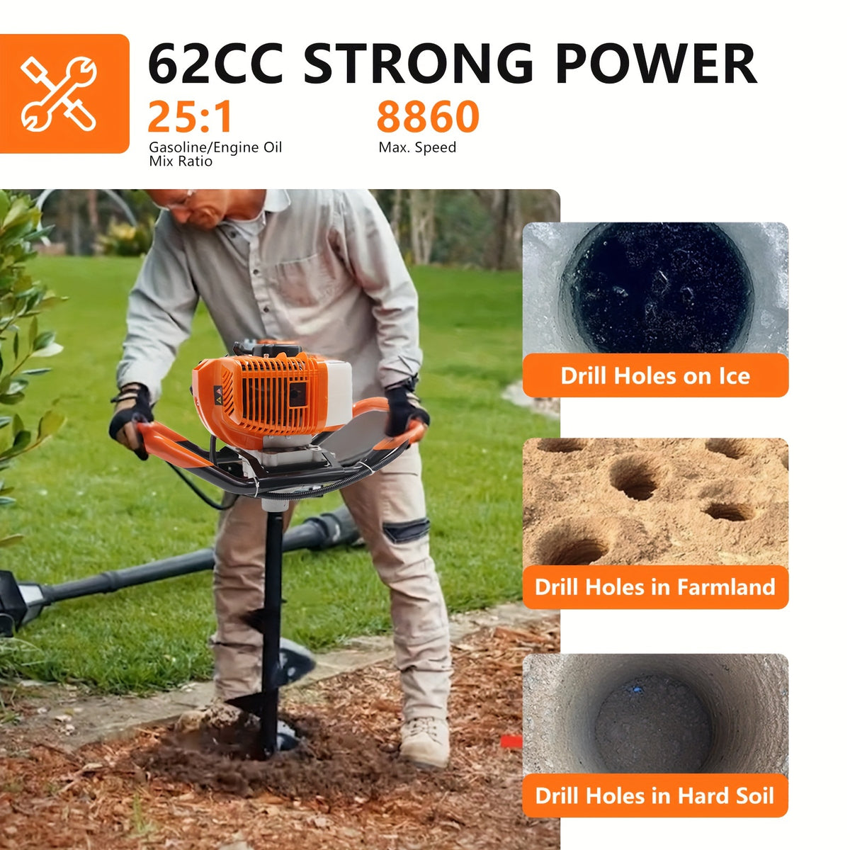 62CC Auger Post Hole Digger, 2 Stroke Gas Powered Earth Post Hole Digger With 2 Auger Drill Bits (6" & 8") + 1 Extension Rods For Farm Garden Plant, Orange (62CC)